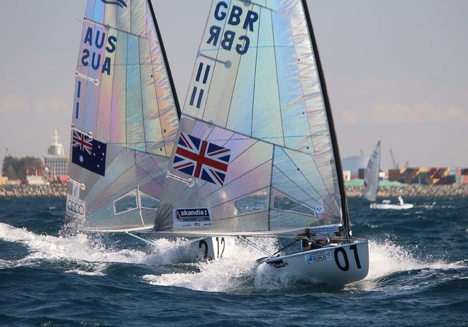 Ed Wright (GBR) leads Brendan Casey - Perth 2011 ISAF Sailing World Championships - Finn Gold Cup © Robert Deaves/Finn Class http://www.finnclass.org